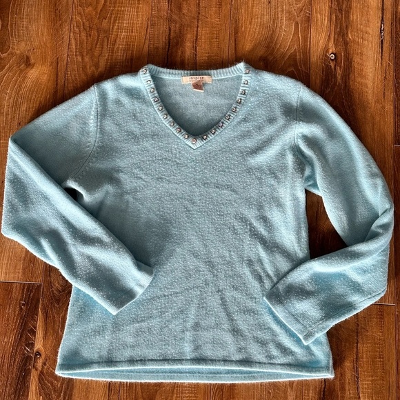 Inspire Sweaters - Blue V-Neck Sweater with Embellished Neckline